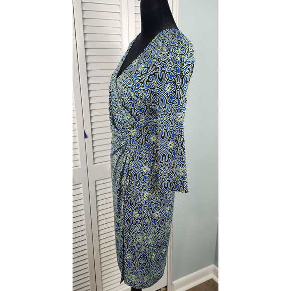 Laundry Faux Wrap Dress Size 8 Stretch Jersey Knit Blue multi - Picture 4 of 7